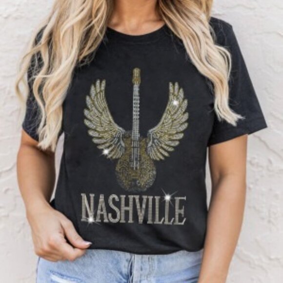 Black Rhinestone Guitar NASHVILLE Graphic T Shirt - Picture 1 of 7